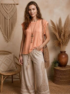 POL Peach Crochet-Detail Waffle-Knit Top (Size: S)